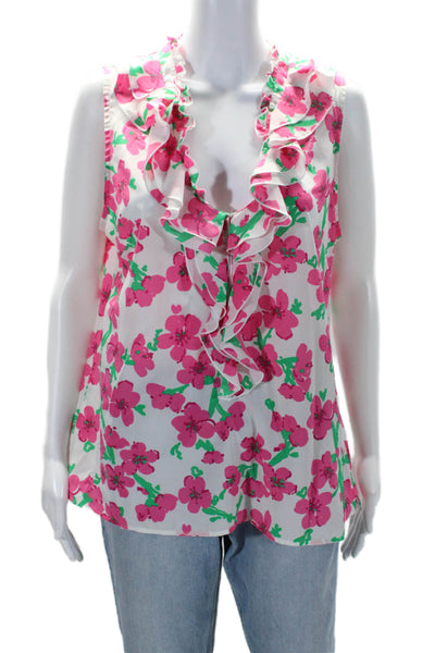 Lilly Pulitzer Womens Side Zip Sleeveless Ruffled Floral Top White Pink Large