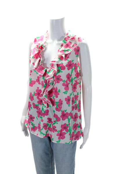 Lilly Pulitzer Womens Side Zip Sleeveless Ruffled Floral Top White Pink Large