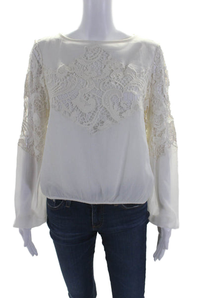 Alice + Olivia Womens Round Neck Textured Sheer Lace Blouse White Size XS