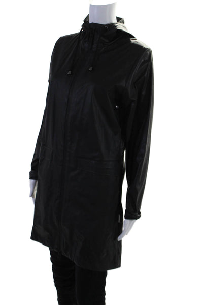 Rains Womens Hooded Long Sleeve Zip Up Longline Jacket Black Size XXS/XS