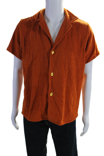 OAS Mens Short Sleeves Button Down Crew Neck Shirt Orange Cotton Size Medium