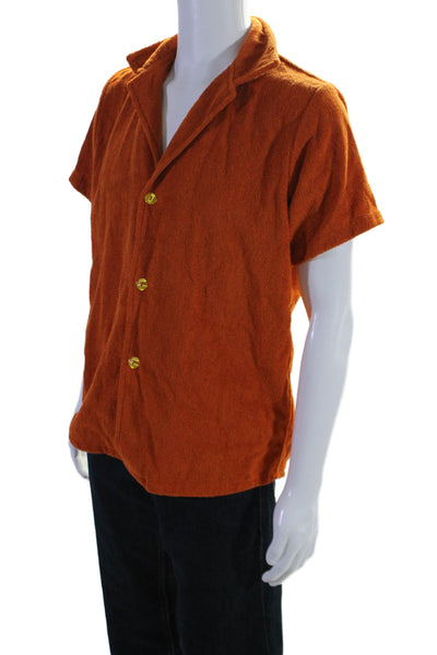 OAS Mens Short Sleeves Button Down Crew Neck Shirt Orange Cotton Size Medium