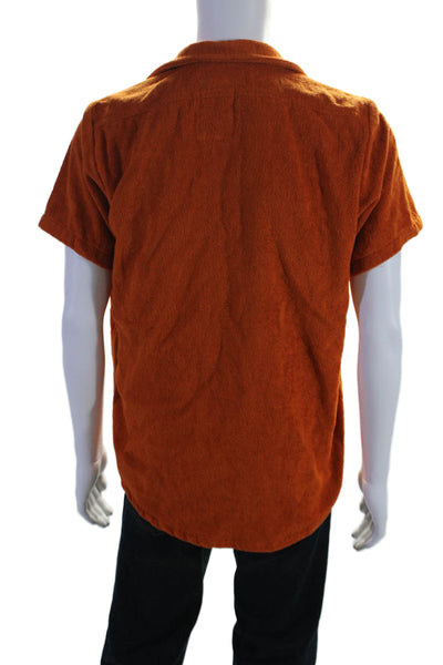 OAS Mens Short Sleeves Button Down Crew Neck Shirt Orange Cotton Size Medium