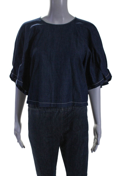 Odeeh Women's Round Neck Short Sleeves Chambray Blouse Blue Size 34