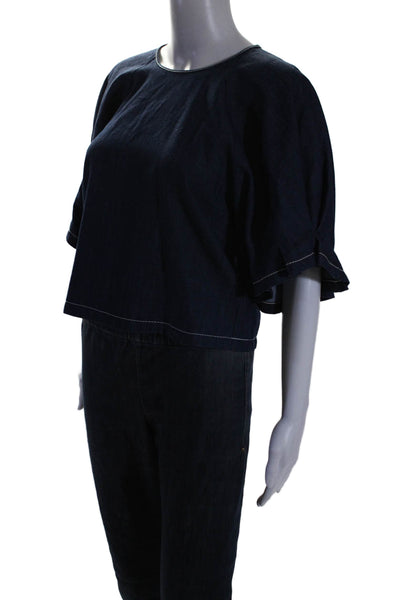 Odeeh Women's Round Neck Short Sleeves Chambray Blouse Blue Size 34