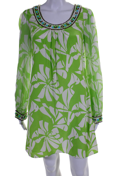 Lily Pulitzer Womens Silk Long Sleeve Floral Beaded Shift Dress Green Size 2