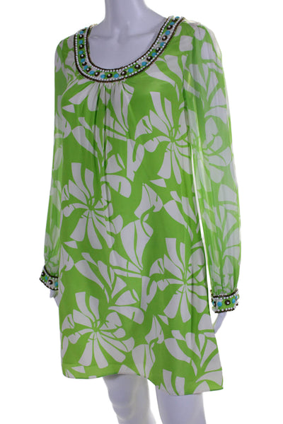 Lily Pulitzer Womens Silk Long Sleeve Floral Beaded Shift Dress Green Size 2