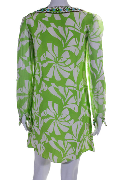 Lily Pulitzer Womens Silk Long Sleeve Floral Beaded Shift Dress Green Size 2