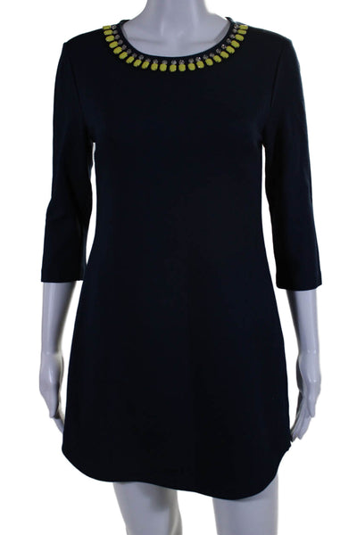 Trina Turk Womens Long Sleeve Rhinestone Trim Shift Dress Navy Size 2