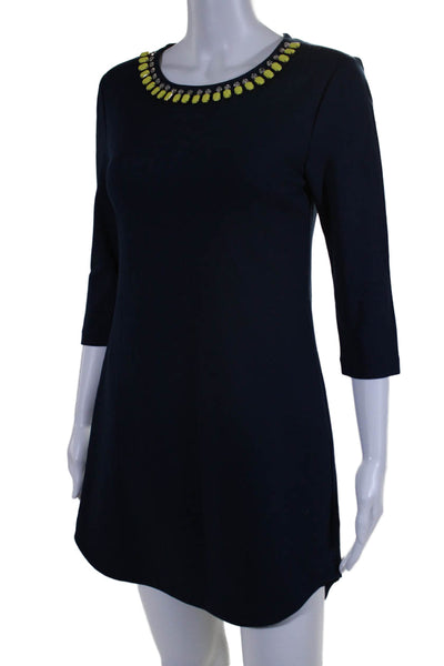 Trina Turk Womens Long Sleeve Rhinestone Trim Shift Dress Navy Size 2