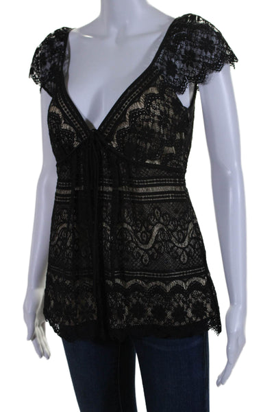 Milly Womens Silk Short Sleeve V Neck Lace Blouse Black Size 4