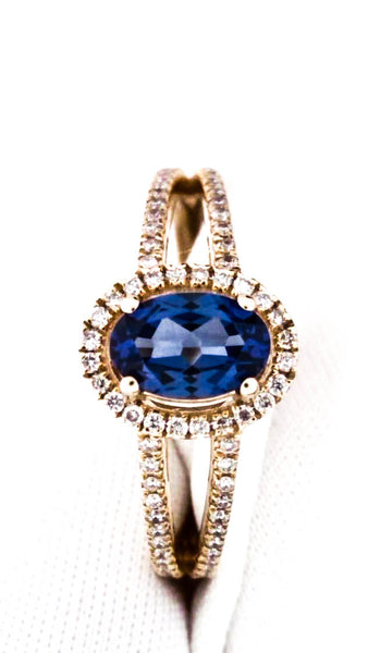 Designer Womens 14K Yellow Gold  Lab Created Blue Oval Sapphire 0.58ct Ring 1.33