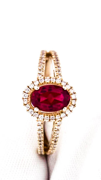 Designer Womens 14K Yellow Gold 0.58ct Lab Created Ruby Halo Ring 1.33CTW Size 5