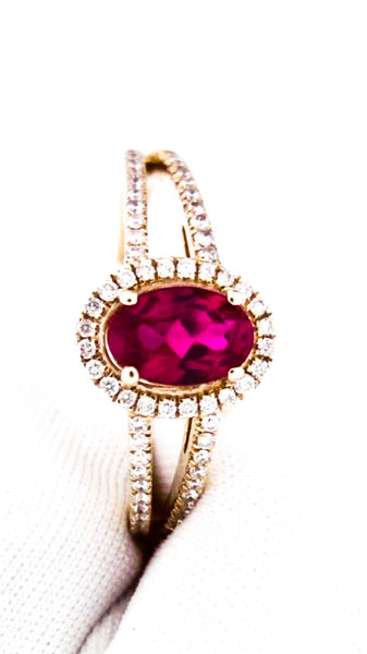 Designer Womens 14K Yellow Gold 0.58ct Lab Created Oval Ruby Halo Ring 1.33CTW S