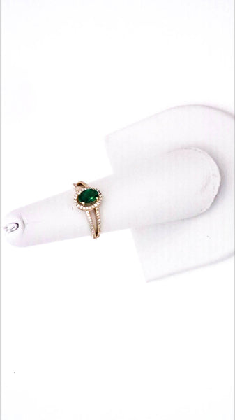 Designer Womens 14K Yellow Gold 0.40ct Lab Created Oval Emerald Halo Ring 1.05CT