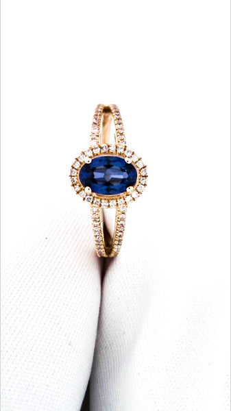 Designer Womens 14K Yellow Gold 0.58ct Lab Created Blue Sapphire Oval Ring 1.33C