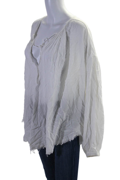 Raquel Allegra Womens Long Sleeve V Neck Fringe Oversized Top White Size 1