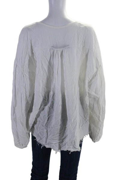 Raquel Allegra Womens Long Sleeve V Neck Fringe Oversized Top White Size 1