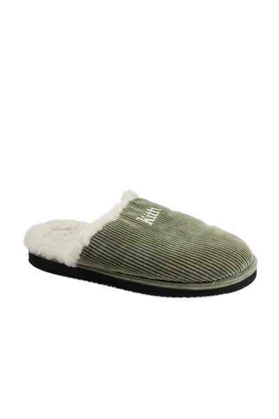 Kith Womens Shearling Lined Corduroy Logo Mules Slippers Green White Size 41