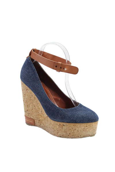 Sergio Rossi Womens Wedge Heel Platform Denim Ankle Strap Pumps Blue Size 38.5