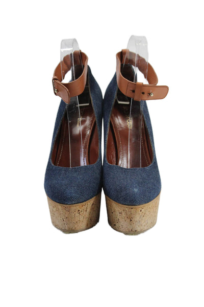 Sergio Rossi Womens Wedge Heel Platform Denim Ankle Strap Pumps Blue Size 38.5