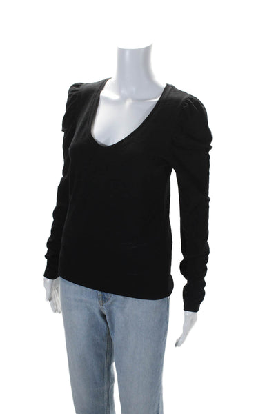 Nation LTD Womens Puffy Sleeves V Neck Tee Shirt Black Cotton Size Small