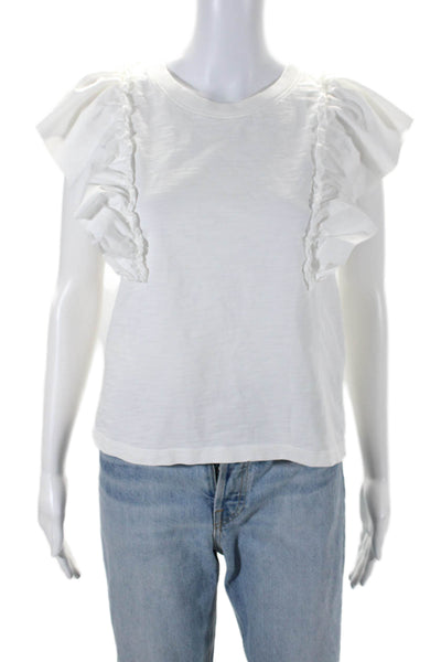 Nation LTD Womens Ruffled Short Sleeves Tee Shirt White Cotton Size Small