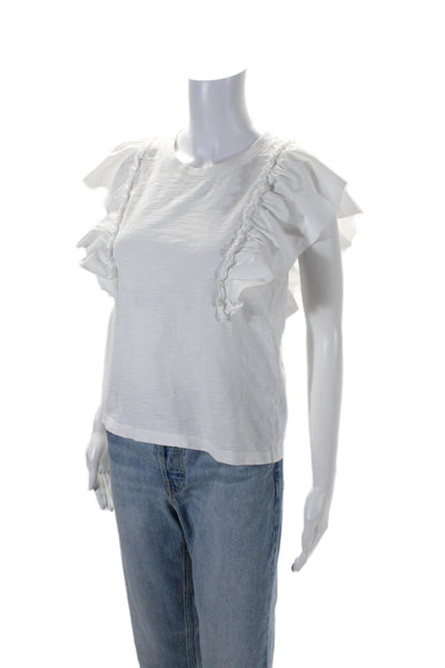 Nation LTD Womens Ruffled Short Sleeves Tee Shirt White Cotton Size Small