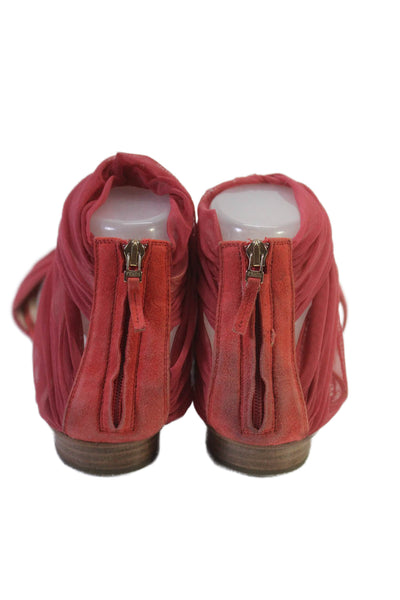 Fendi Womens Red Chiffon Suede Ankle Strap Zip Flats Sandals Shoes Size 9.5