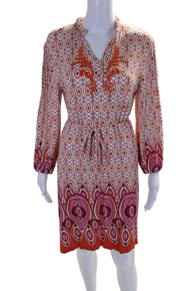 Robert Graham Womens V-neck Button Long Sleeve Aztec Print Casual Dress Orange S