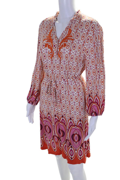 Robert Graham Womens V-neck Button Long Sleeve Aztec Print Casual Dress Orange S