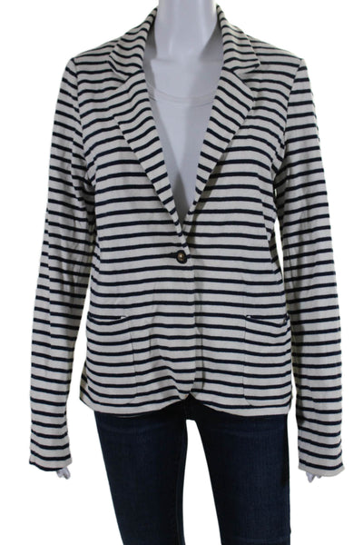 Tory Burch Womens Single Button Striped Knit Blazer Jacket White Navy Size Large