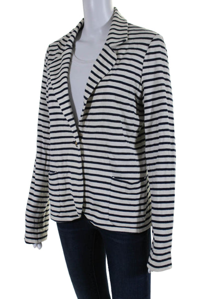 Tory Burch Womens Single Button Striped Knit Blazer Jacket White Navy Size Large