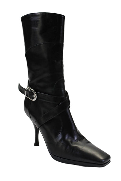 Nebuloni Womens Leather Pointed Toe Wrap Buckle Mid Calf Booties Black Size 40