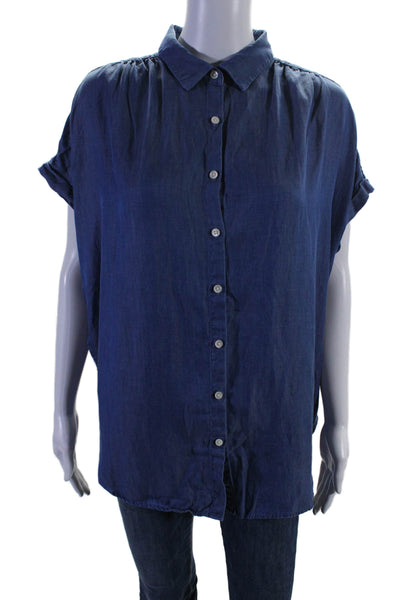 J. Mclaughlin Womens Linen Blend Button Down Short Sleeves Shirt Blue Size Large