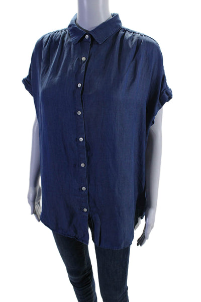 J. Mclaughlin Womens Linen Blend Button Down Short Sleeves Shirt Blue Size Large