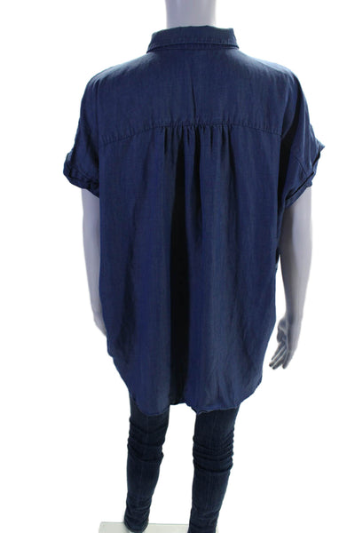 J. Mclaughlin Womens Linen Blend Button Down Short Sleeves Shirt Blue Size Large