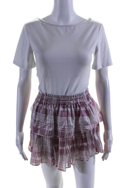 Love Shack Fancy Womens Silk Plaid Elastic Waist Tiered Mini Skirt Pink Size XS