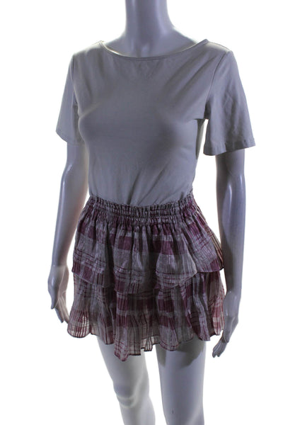 Love Shack Fancy Womens Silk Plaid Elastic Waist Tiered Mini Skirt Pink Size XS