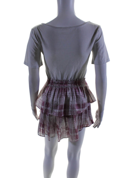 Love Shack Fancy Womens Silk Plaid Elastic Waist Tiered Mini Skirt Pink Size XS