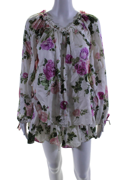 Love Shack Fancy Womens Cotton Blend Floral Blouse Top + Skirt Set Pink Size XS