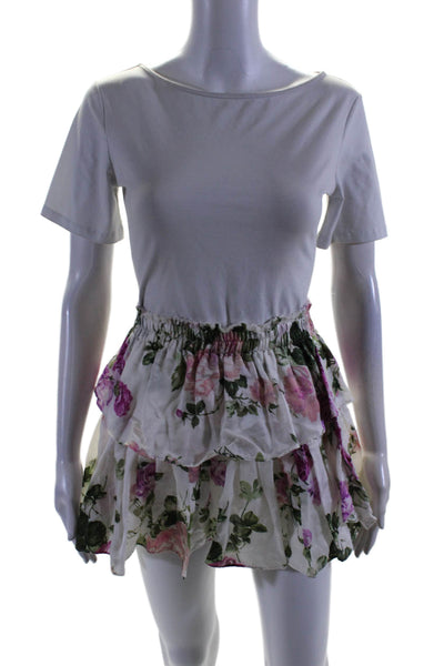 Love Shack Fancy Womens Cotton Blend Floral Blouse Top + Skirt Set Pink Size XS