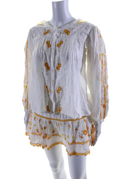 Love Shack Fancy Womens Cotton Embroidered Blouse Top + Skirt Set White Size XS