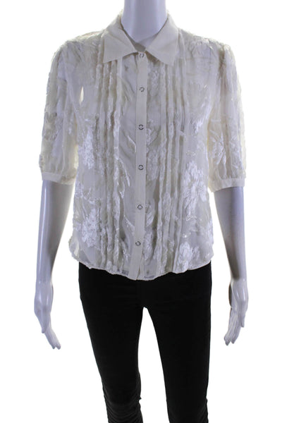 Fleur du Mal Womens Sheer Short Sleeve Button Up Blouse Top Cream Size XS