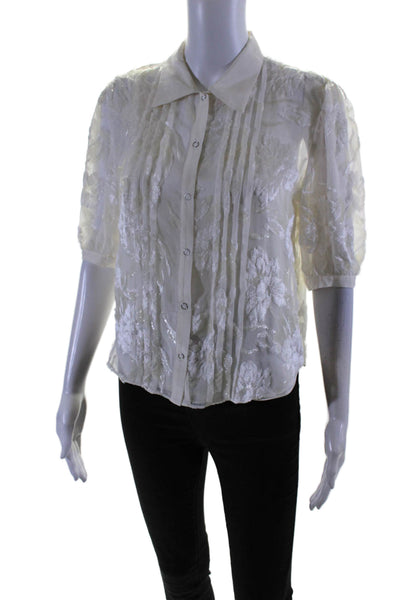 Fleur du Mal Womens Sheer Short Sleeve Button Up Blouse Top Cream Size XS