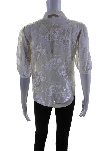 Fleur du Mal Womens Sheer Short Sleeve Button Up Blouse Top Cream Size XS