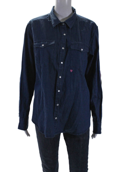 Kerri Rosenthal Womens Embroidered Chambray Button Down Blouse Blue Size L