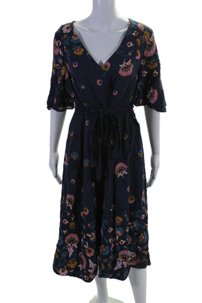 Boden Womens Back Zip Short Sleeve Belted Floral Midi Dress Navy Blue Size 12