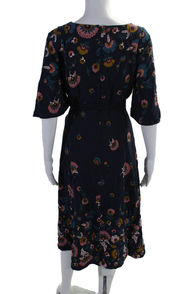 Boden Womens Back Zip Short Sleeve Belted Floral Midi Dress Navy Blue Size 12