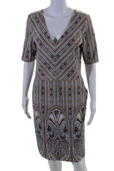 J. Mclaughlin Womens Back Zip Short Sleeve Abstract Dress Brown Blue Size Large